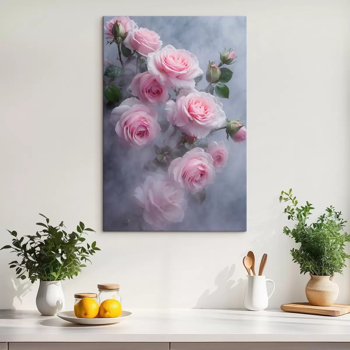 Fototapete Zartrosa Rosen im Nebel mit grünen Blättern s44892
