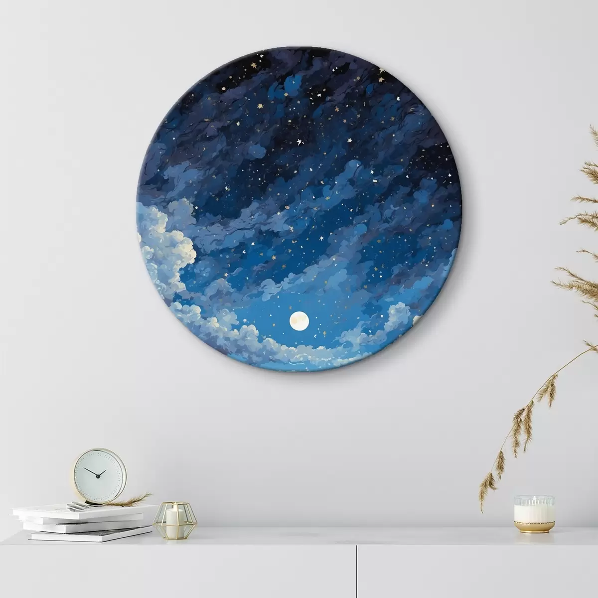 Runde Wandbilder Nachthimmel mit Mond und Sternen über einer Berglandschaft r44872