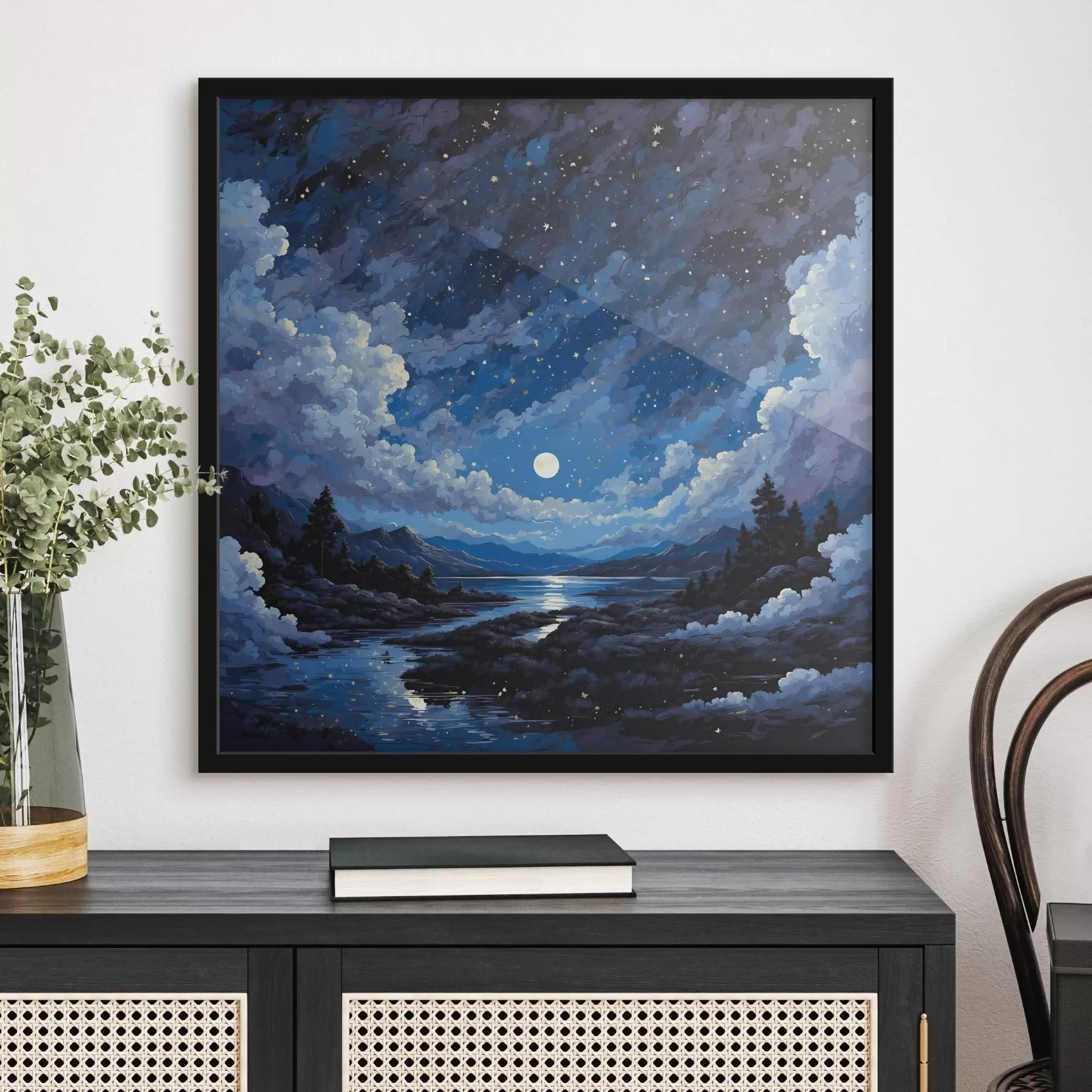 Fototapete Nachthimmel mit Mond und Sternen über einer Berglandschaft f44872