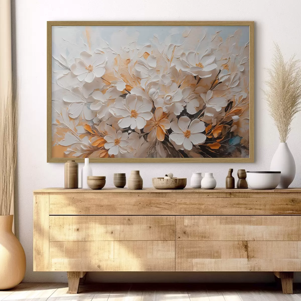 Poster Weiße und pfirsichfarbene Blumen auf blauem Hintergrund mit Pastellfarben f44879
