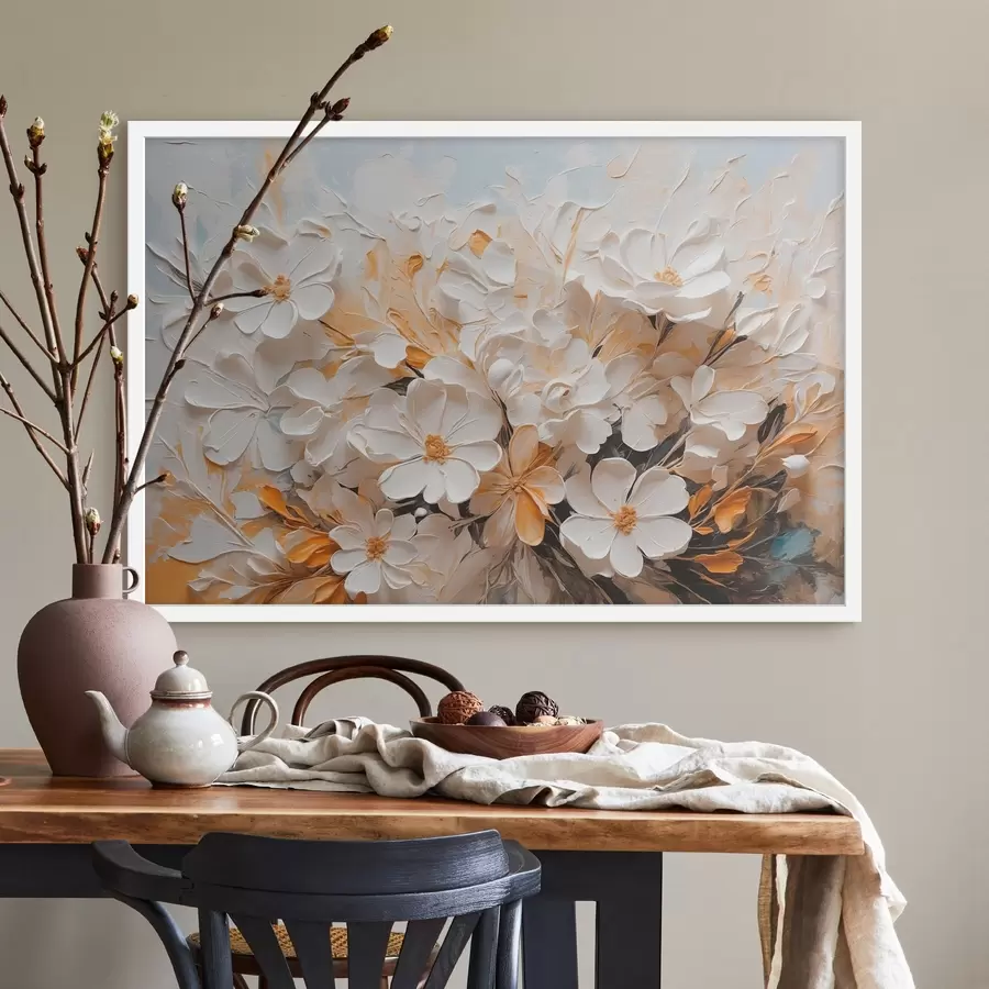 Fototapete Weiße und pfirsichfarbene Blumen auf blauem Hintergrund mit Pastellfarben f44879
