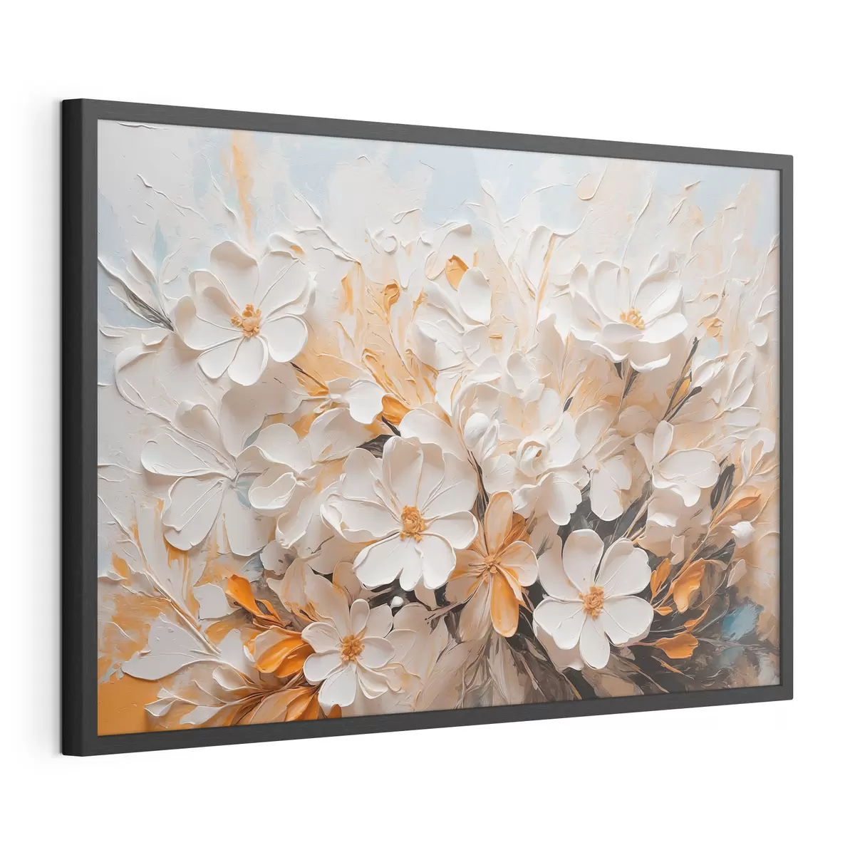 Poster Weiße und pfirsichfarbene Blumen auf blauem Hintergrund mit Pastellfarben f44879