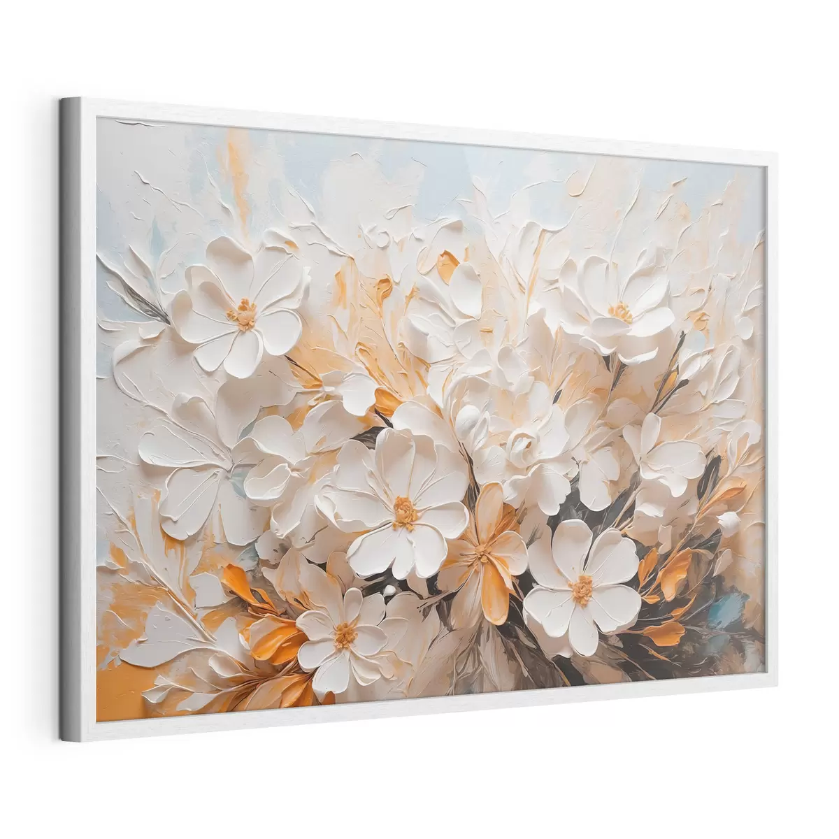Poster Weiße und pfirsichfarbene Blumen auf blauem Hintergrund mit Pastellfarben f44879
