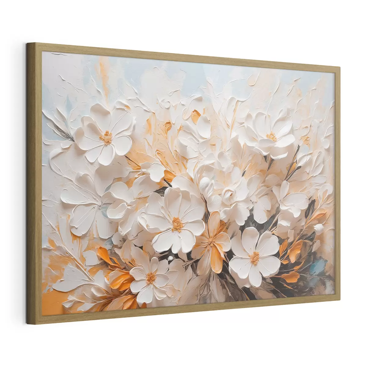 Poster Weiße und pfirsichfarbene Blumen auf blauem Hintergrund mit Pastellfarben f44879