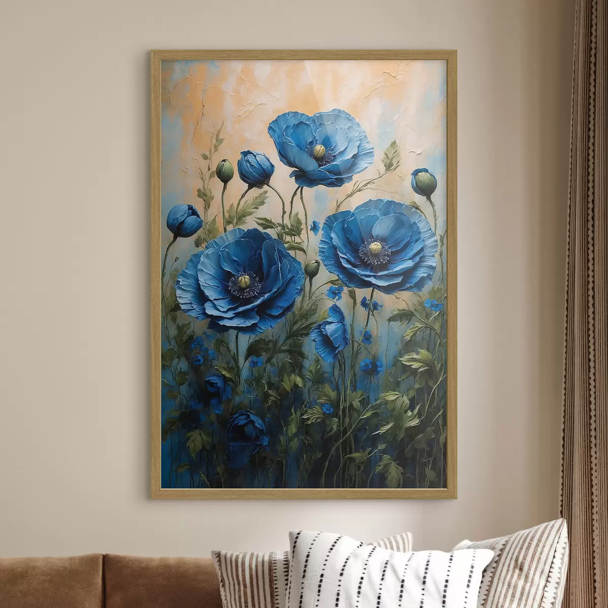 Poster Blaue Mohnblumen auf einem pastellfarbenen Hintergrund mit Blättern f44882