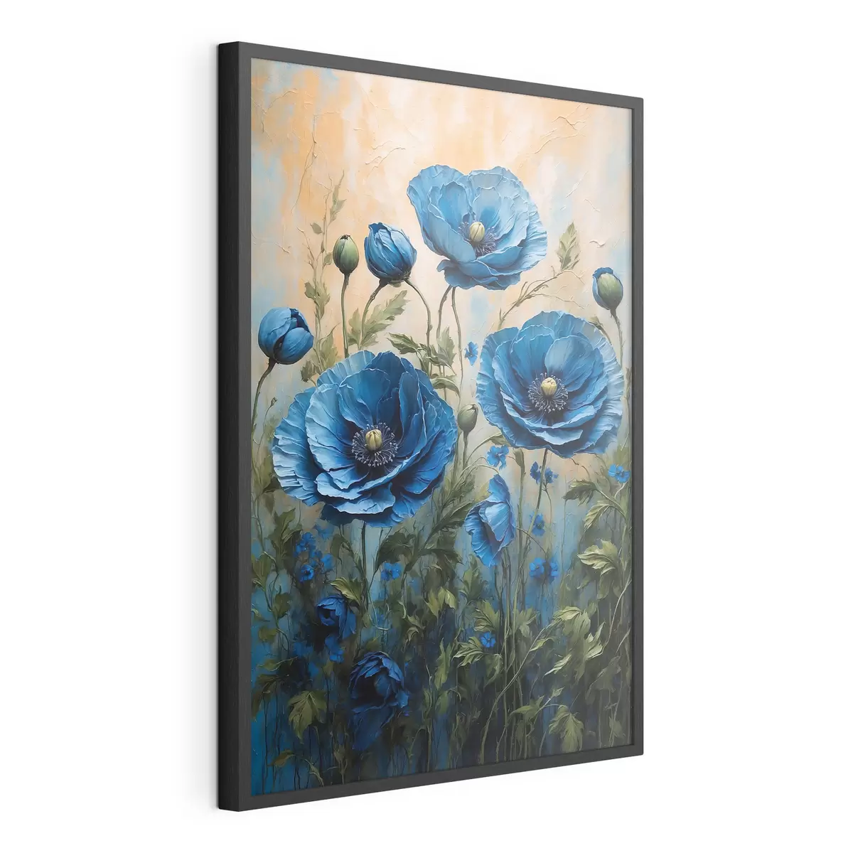 Poster Blaue Mohnblumen auf einem pastellfarbenen Hintergrund mit Blättern f44882