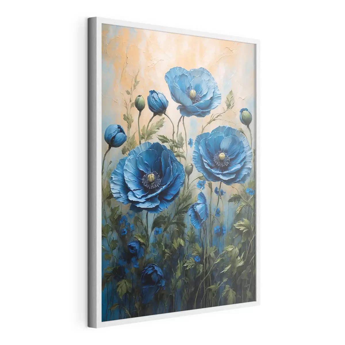 Poster Blaue Mohnblumen auf einem pastellfarbenen Hintergrund mit Blättern f44882