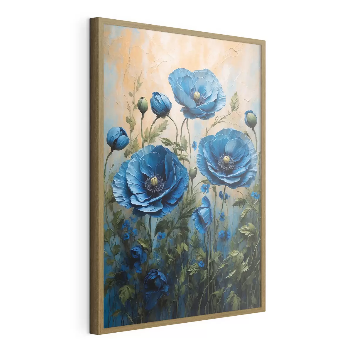 Poster Blaue Mohnblumen auf einem pastellfarbenen Hintergrund mit Blättern f44882