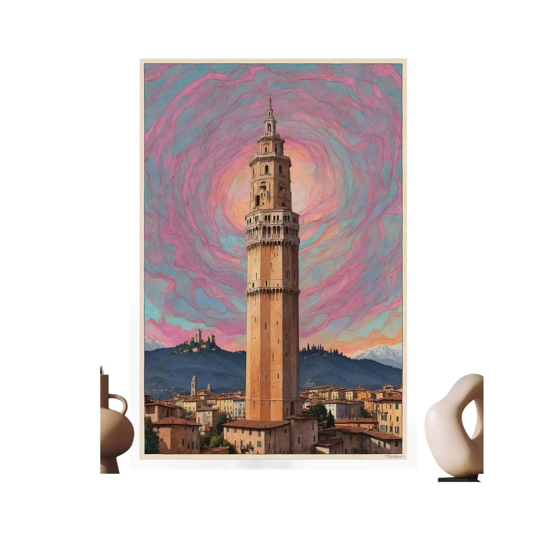 Fototapete Fantasieturm gegen den Himmel mit rosa und blauen Spiralen f44885