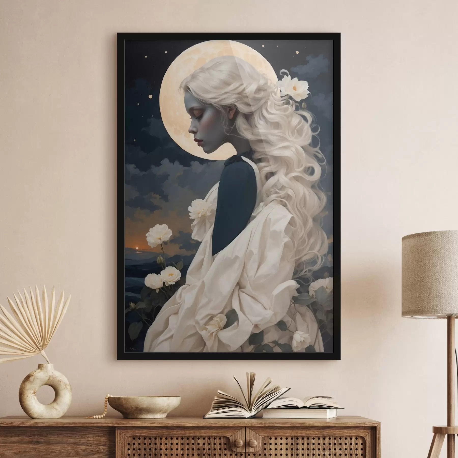 Fototapete Porträt eines Mädchens mit weißem Haar und Vollmond f44887