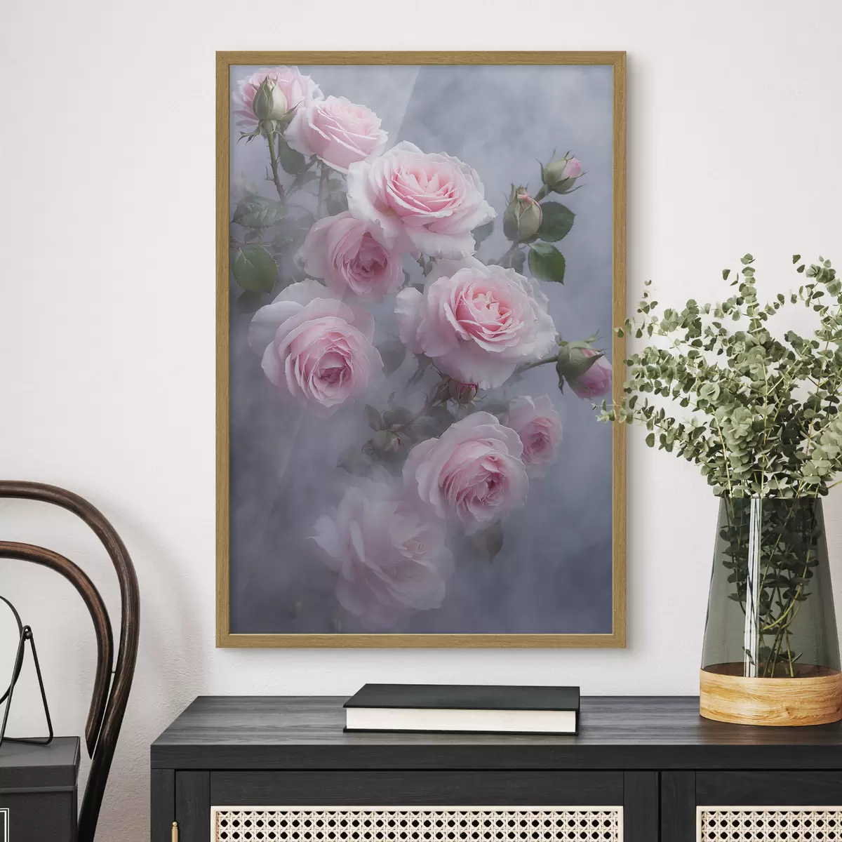 Poster Zartrosa Rosen im Nebel mit grünen Blättern f44892