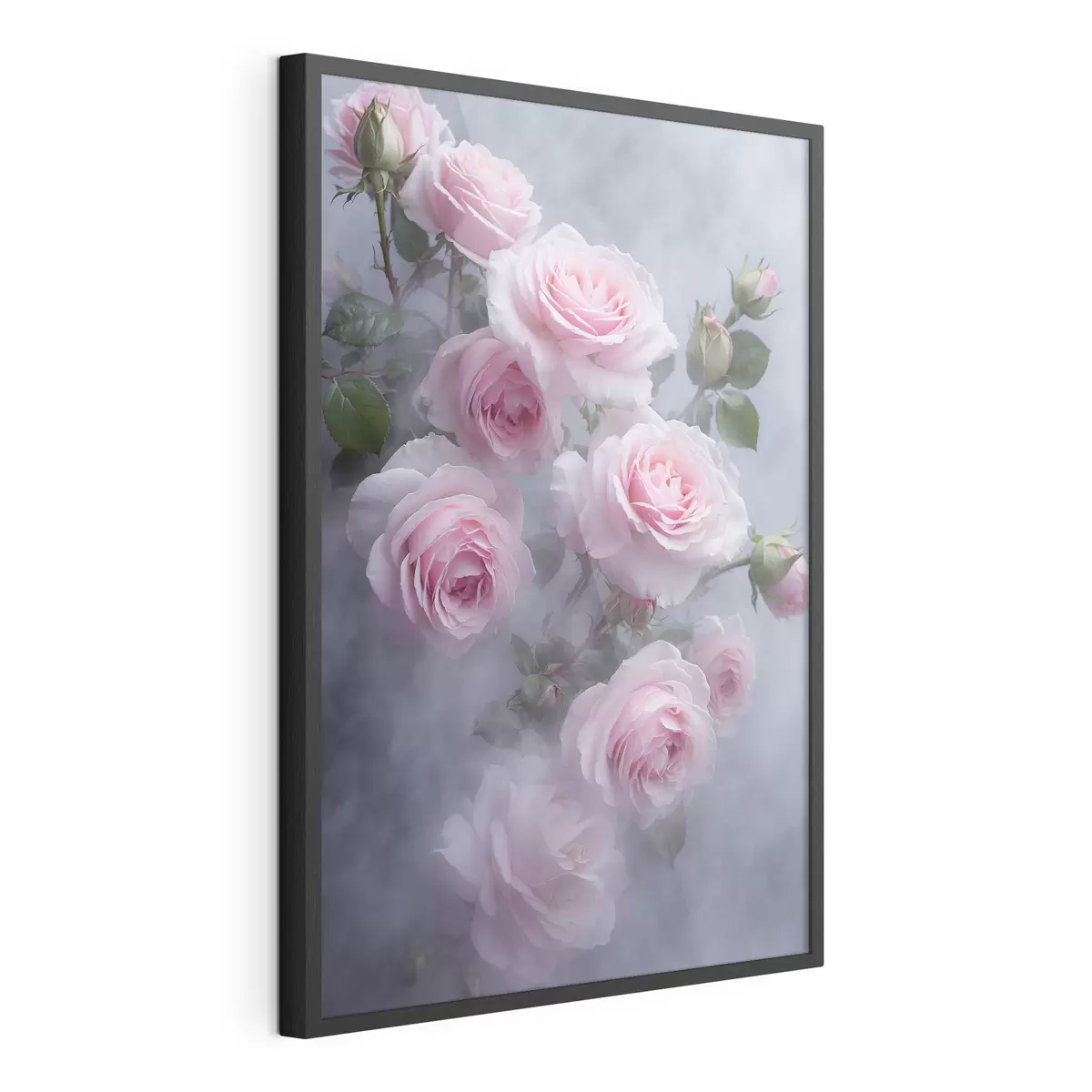 Poster Zartrosa Rosen im Nebel mit grünen Blättern f44892