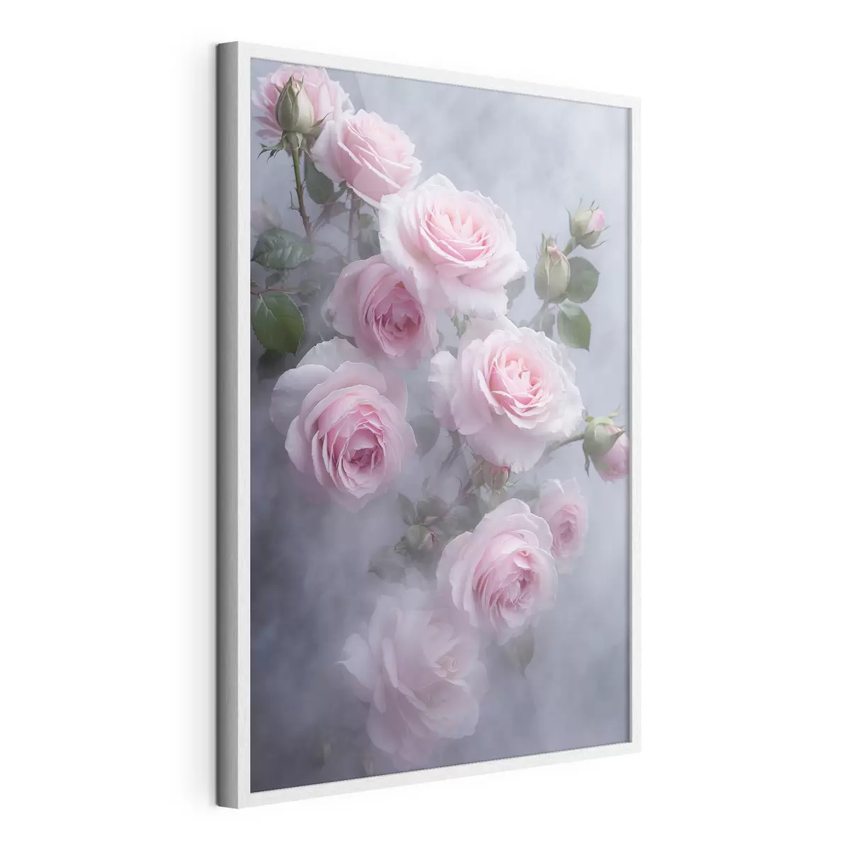 Poster Zartrosa Rosen im Nebel mit grünen Blättern f44892