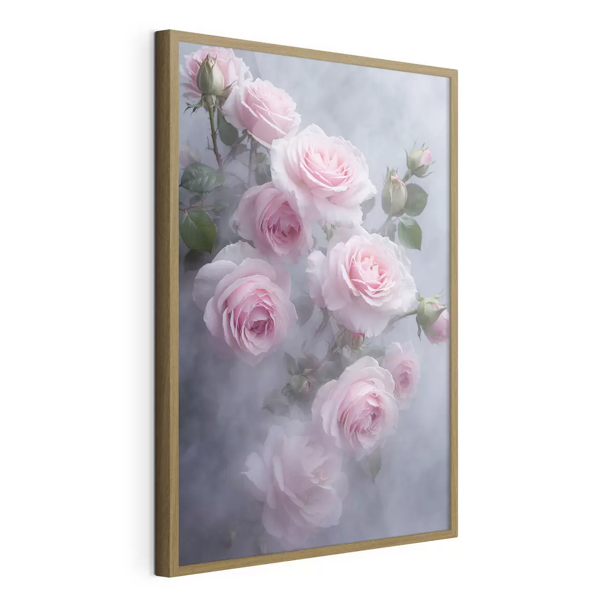 Poster Zartrosa Rosen im Nebel mit grünen Blättern f44892