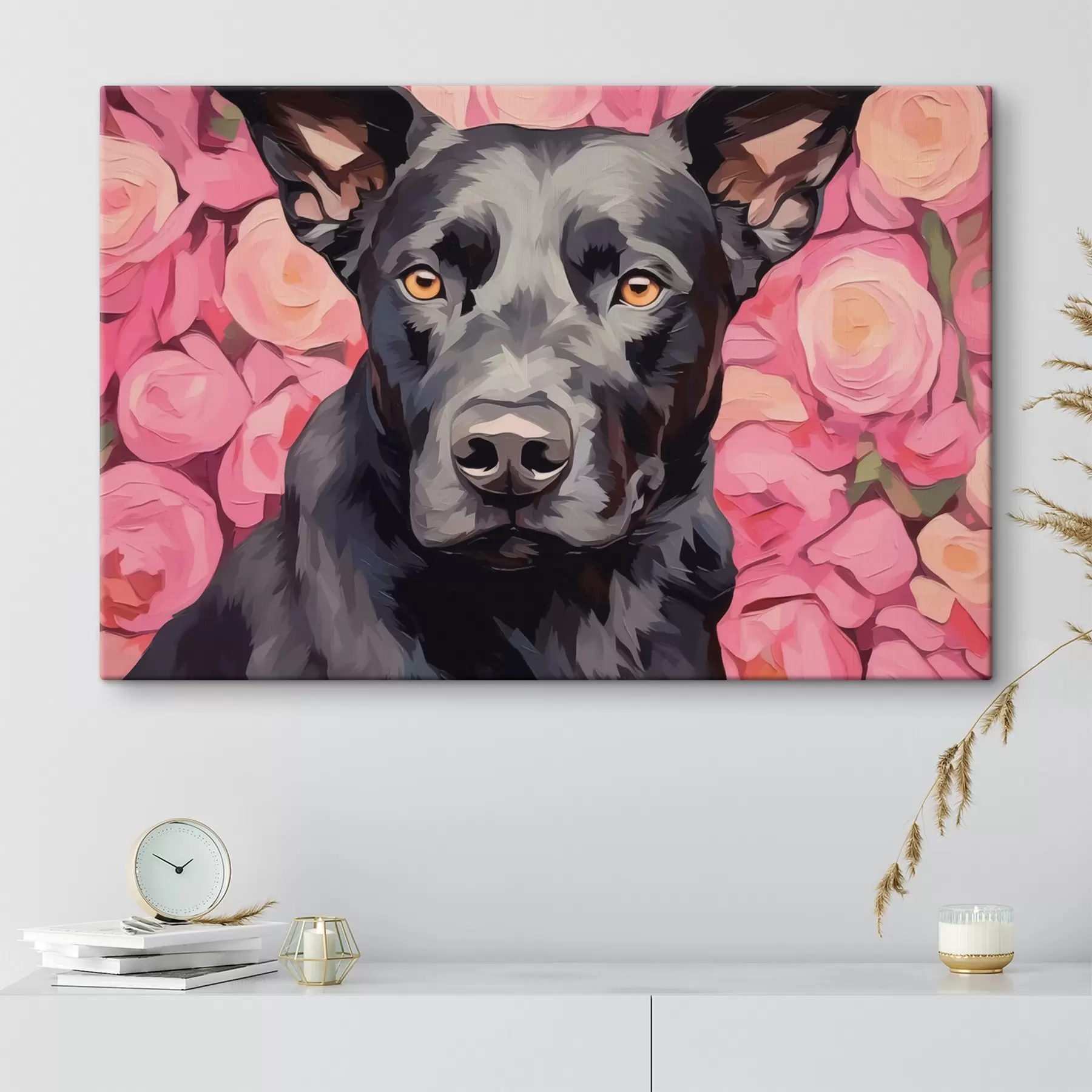 Fototapete Schwarzer Hund auf abstrakte Rosen Hintergrund s44817