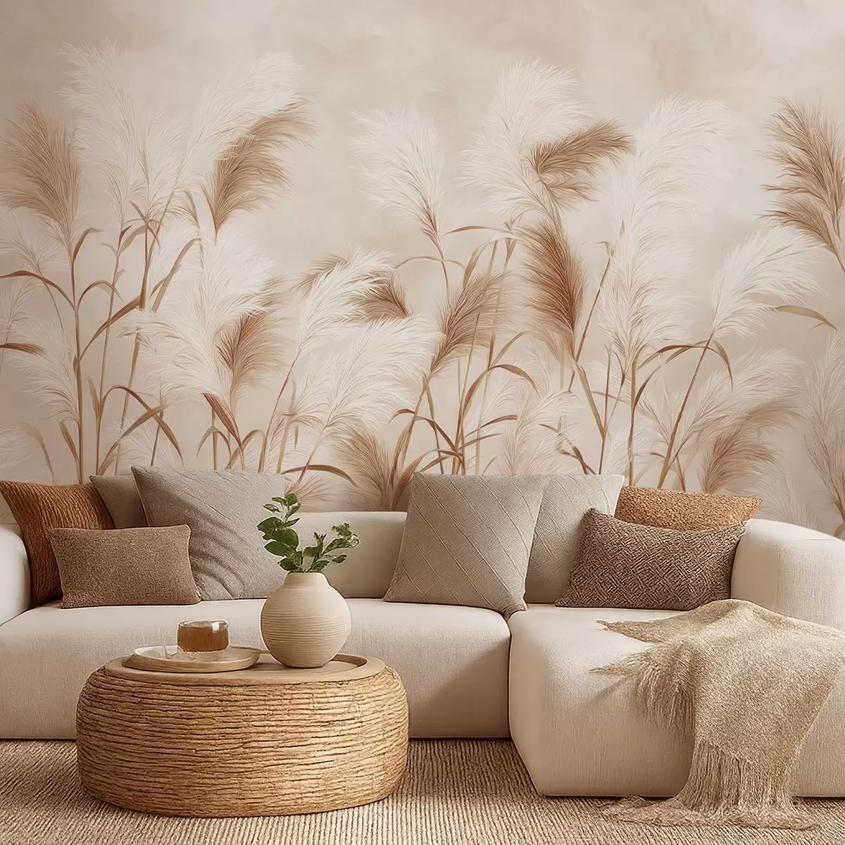 Fototapete Elegante Pampasgrasblüten in zarten Beige- und Milchtönen w09150v1