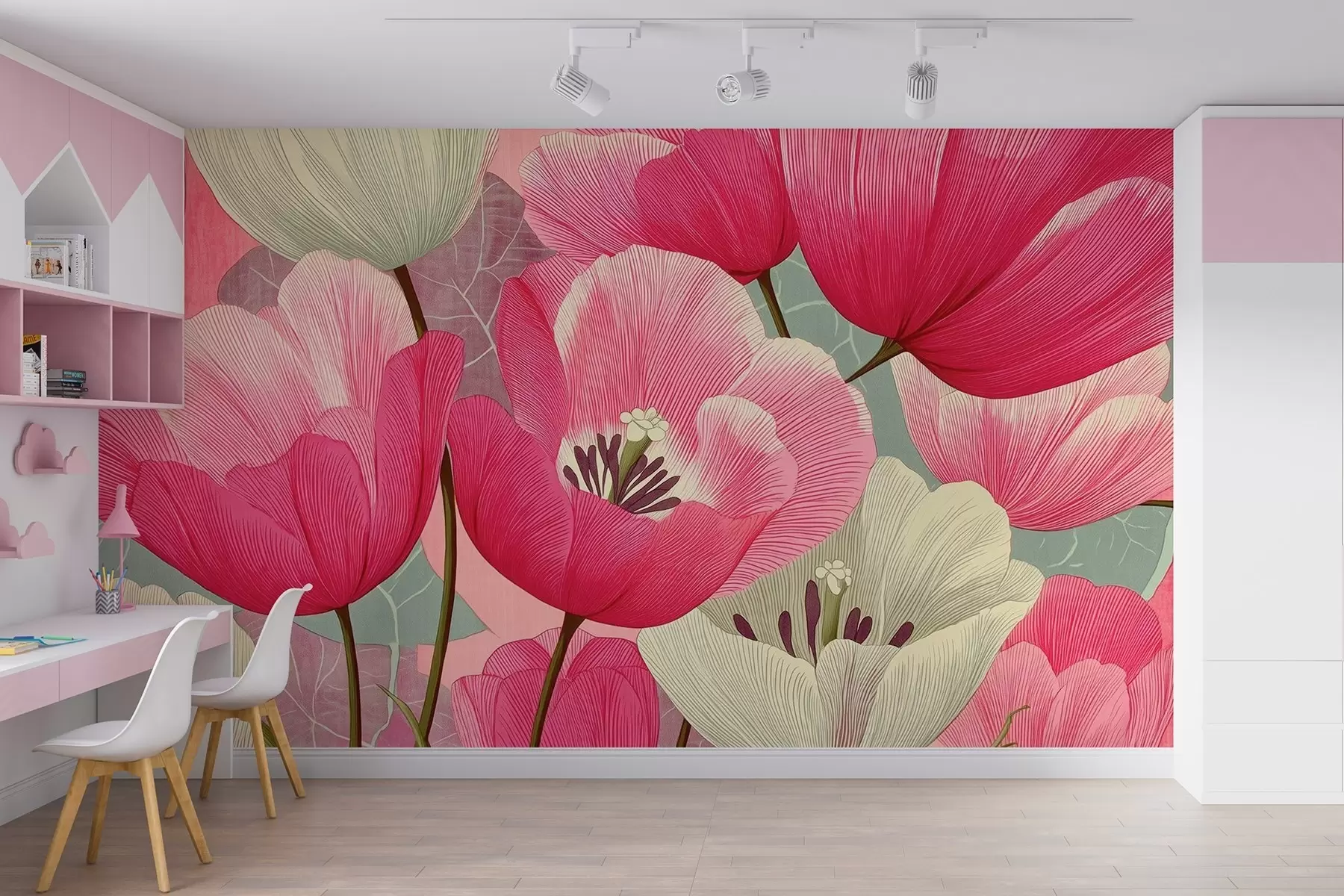 Fototapete Lebendige Mohnblumen mit grafischen Blättern im Hintergrund w09152