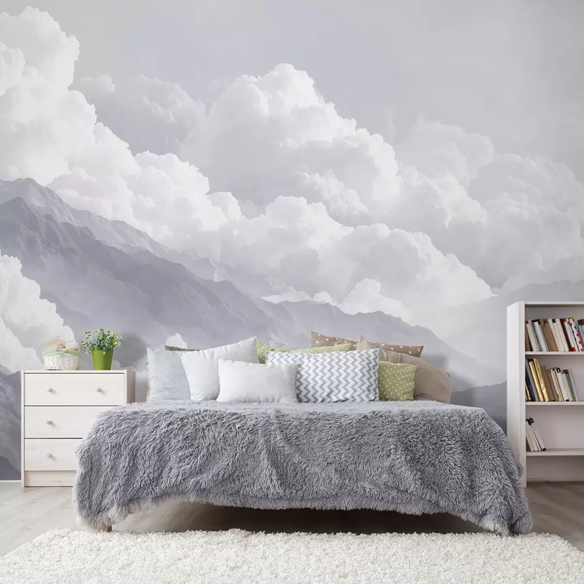 Fototapete Sanfte Wolken über Bergen in Blautönen w09226v2