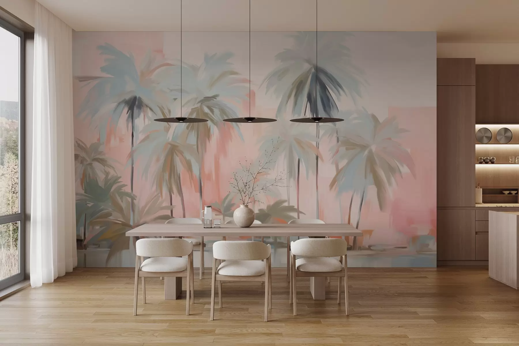 Fototapete Abstrakte, minimalistische, pastellfarbene tropische Palmen vor einem Hintergrund aus sanften Rosa- und Pfirsichtönen w09212
