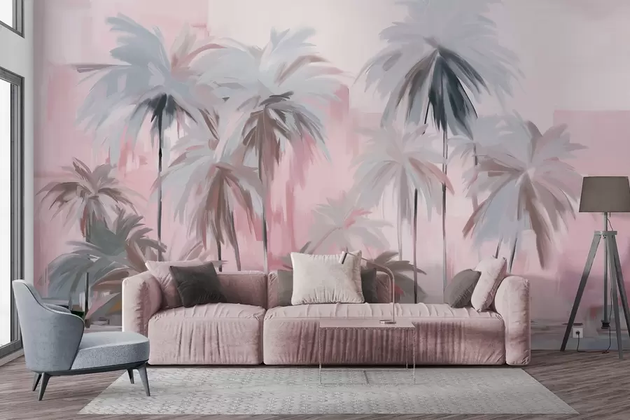 Fototapete Abstrakte, minimalistische, pastellfarbene tropische Palmen vor einem Hintergrund aus gedämpften rosa und grauen Farbtönen w09212v1