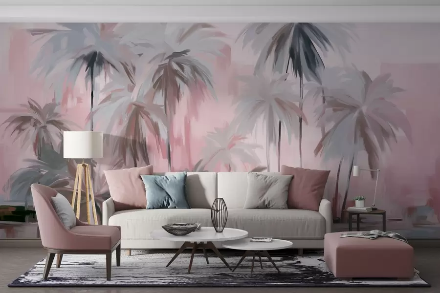 Fototapete Abstrakte, minimalistische, pastellfarbene tropische Palmen vor einem Hintergrund aus gedämpften rosa und grauen Farbtönen w09212v1
