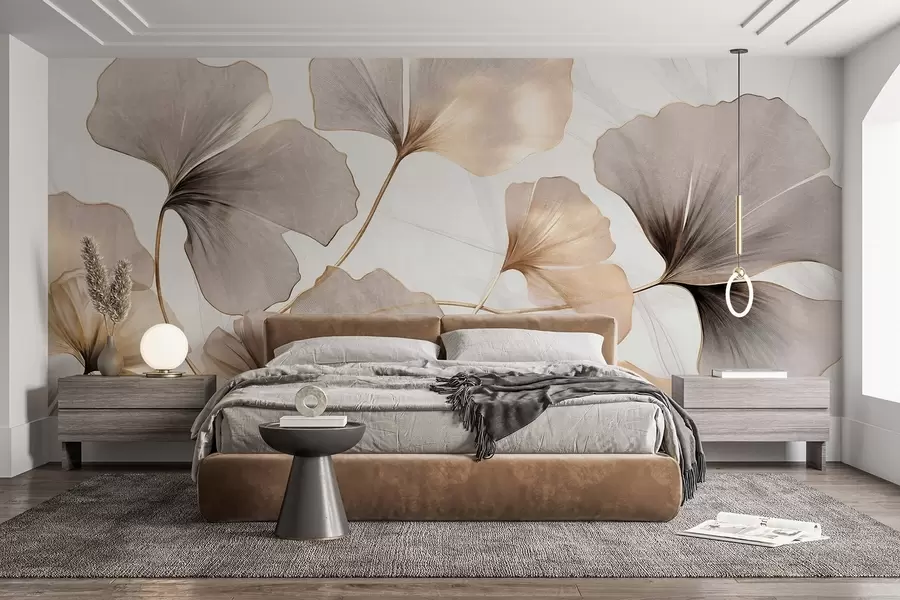 Fototapete Ginkgo biloba Blätter in Beige-, Gelb- und Brauntönen, zart strukturierter Aquarelleffekt, heller Hintergrund w09215