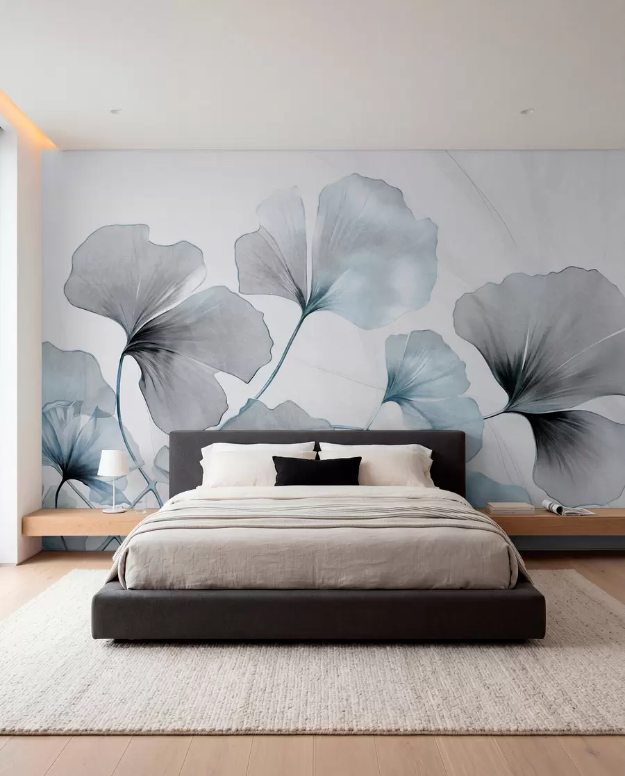 Fototapete Ginkgo biloba Blätter in gedämpften Blau- und Grautönen, zart strukturierter Aquarelleffekt, heller Hintergrund w09215v1