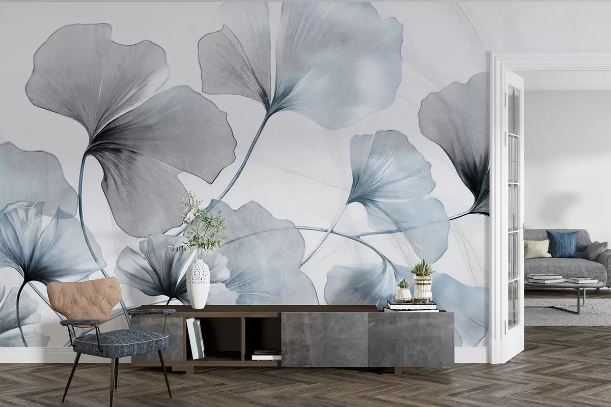 Fototapete Ginkgo biloba Blätter in gedämpften Blau- und Grautönen, zart strukturierter Aquarelleffekt, heller Hintergrund w09215v1