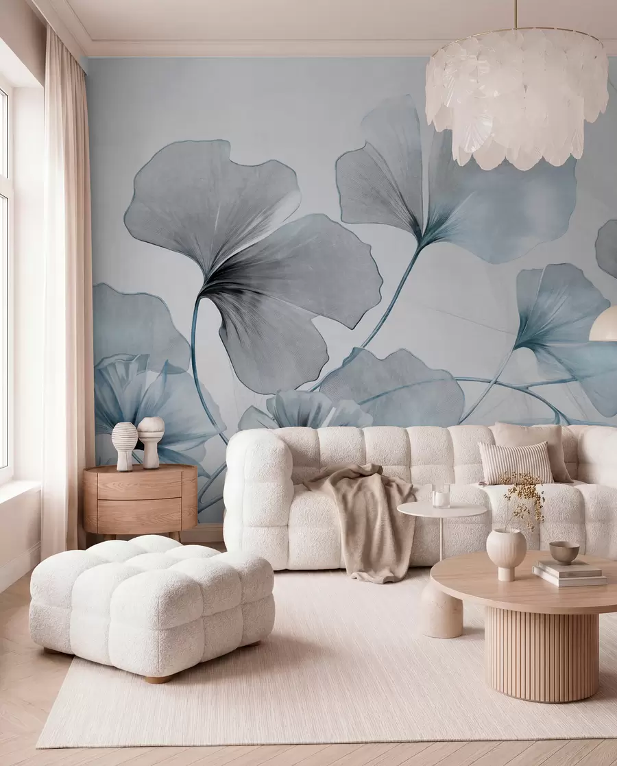 Fototapete Ginkgo biloba Blätter in gedämpften Blau- und Grautönen, zart strukturierter Aquarelleffekt, heller Hintergrund w09215v1
