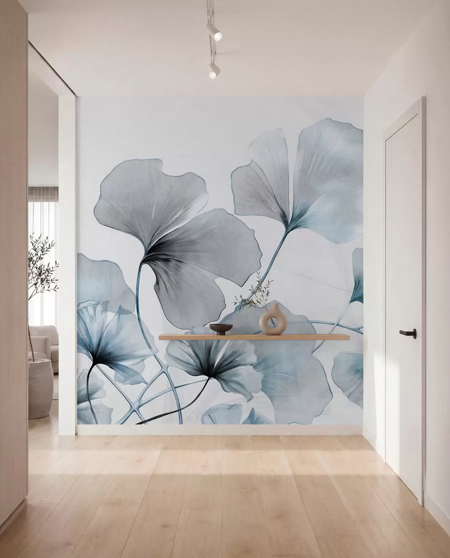 Fototapete Ginkgo biloba Blätter in gedämpften Blau- und Grautönen, zart strukturierter Aquarelleffekt, heller Hintergrund w09215v1
