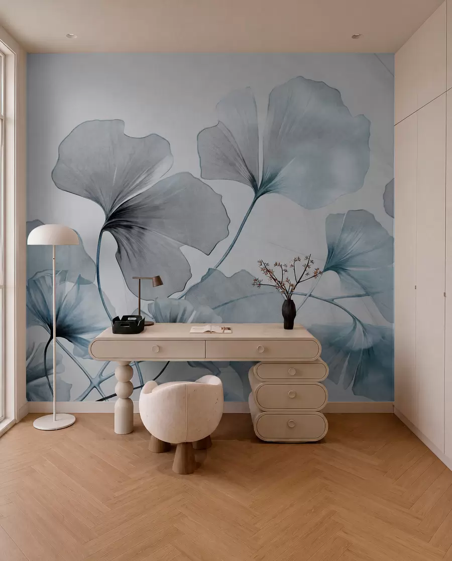 Fototapete Ginkgo biloba Blätter in gedämpften Blau- und Grautönen, zart strukturierter Aquarelleffekt, heller Hintergrund w09215v1