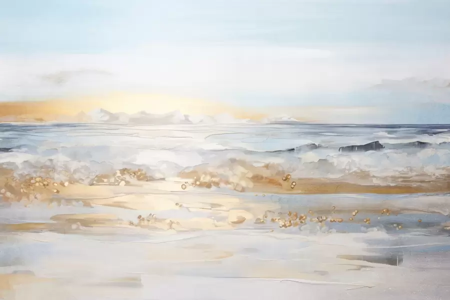 Fototapete Abstrakte strukturierte Landschaft Ozean Wellen brechen auf einem Sandstrand, weiche Pastellfarben, blauer Himmel mit leichten Wolken w09234