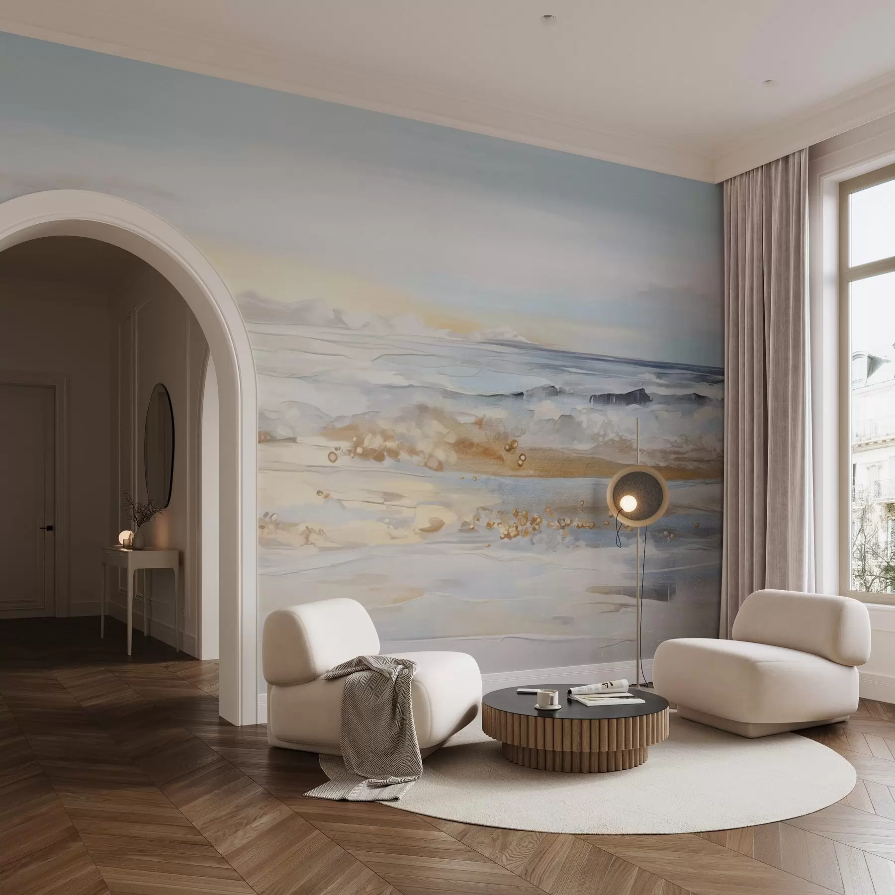 Fototapete Abstrakte strukturierte Landschaft Ozean Wellen brechen auf einem Sandstrand, weiche Pastellfarben, blauer Himmel mit leichten Wolken w09234