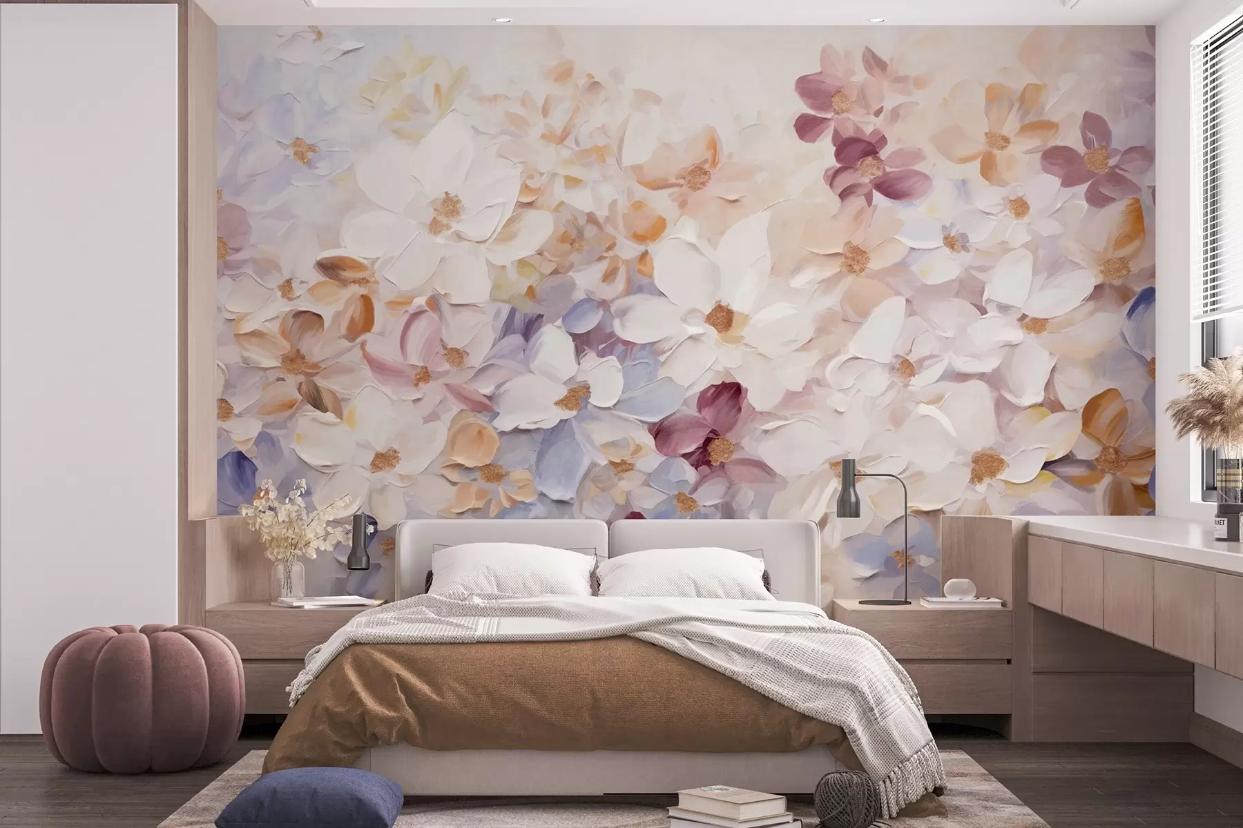 Fototapete Ölgemälde Nachahmung eines Blumengartens mit weißen, rosa und orangefarbenen Blumen, weiche Pinselstriche, Pastell gedämpfte Farben w09236