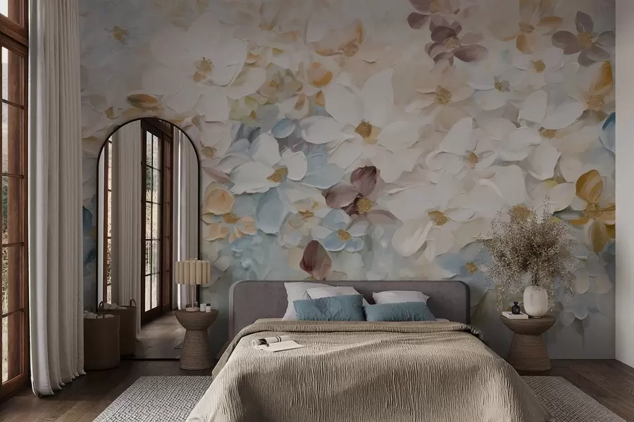 Fototapete Ölgemälde Nachahmung eines Blumengartens mit weißen, blauen und orangefarbenen Blumen, weiche Pinselstriche, Pastell gedämpfte Farben w09236v1