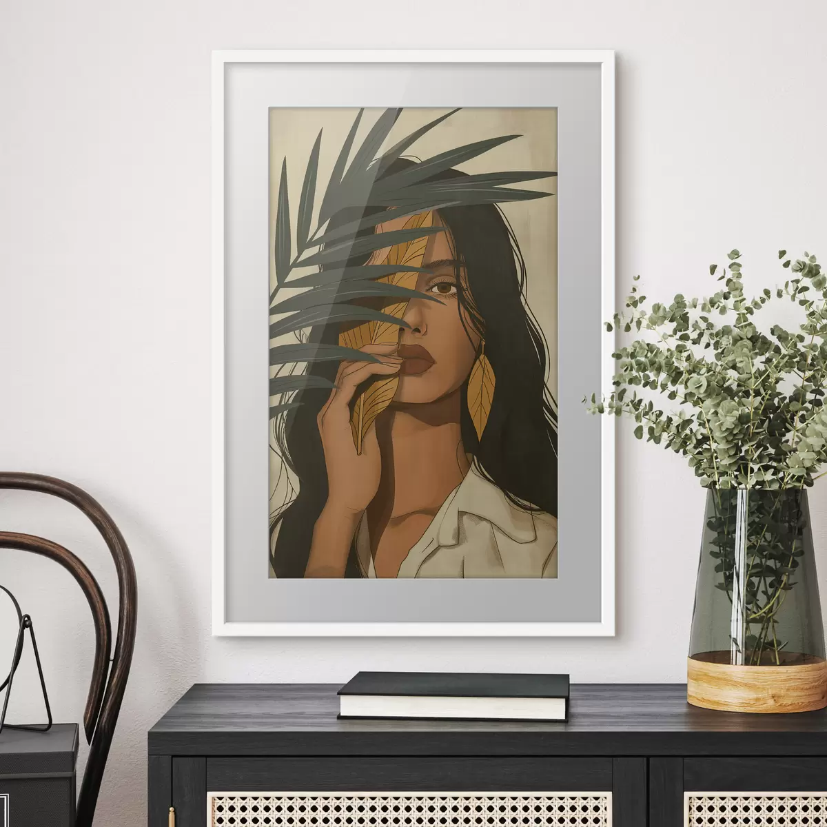 Poster Gesicht hinter Blättern versteckt f44960