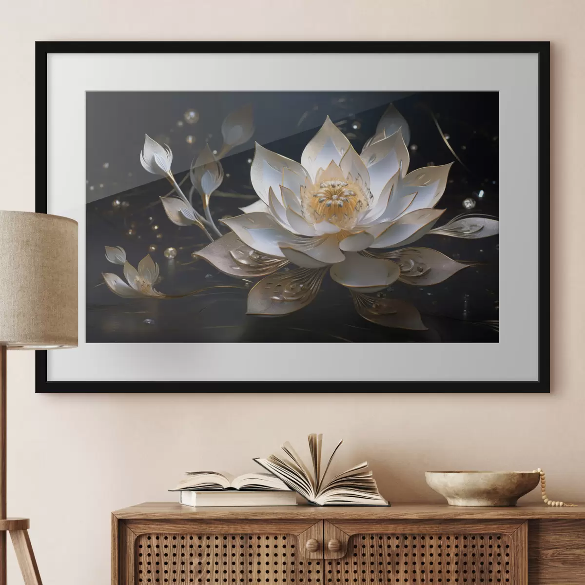 Poster Lotus mit eleganten Mustern auf dunklem Hintergrund f44841