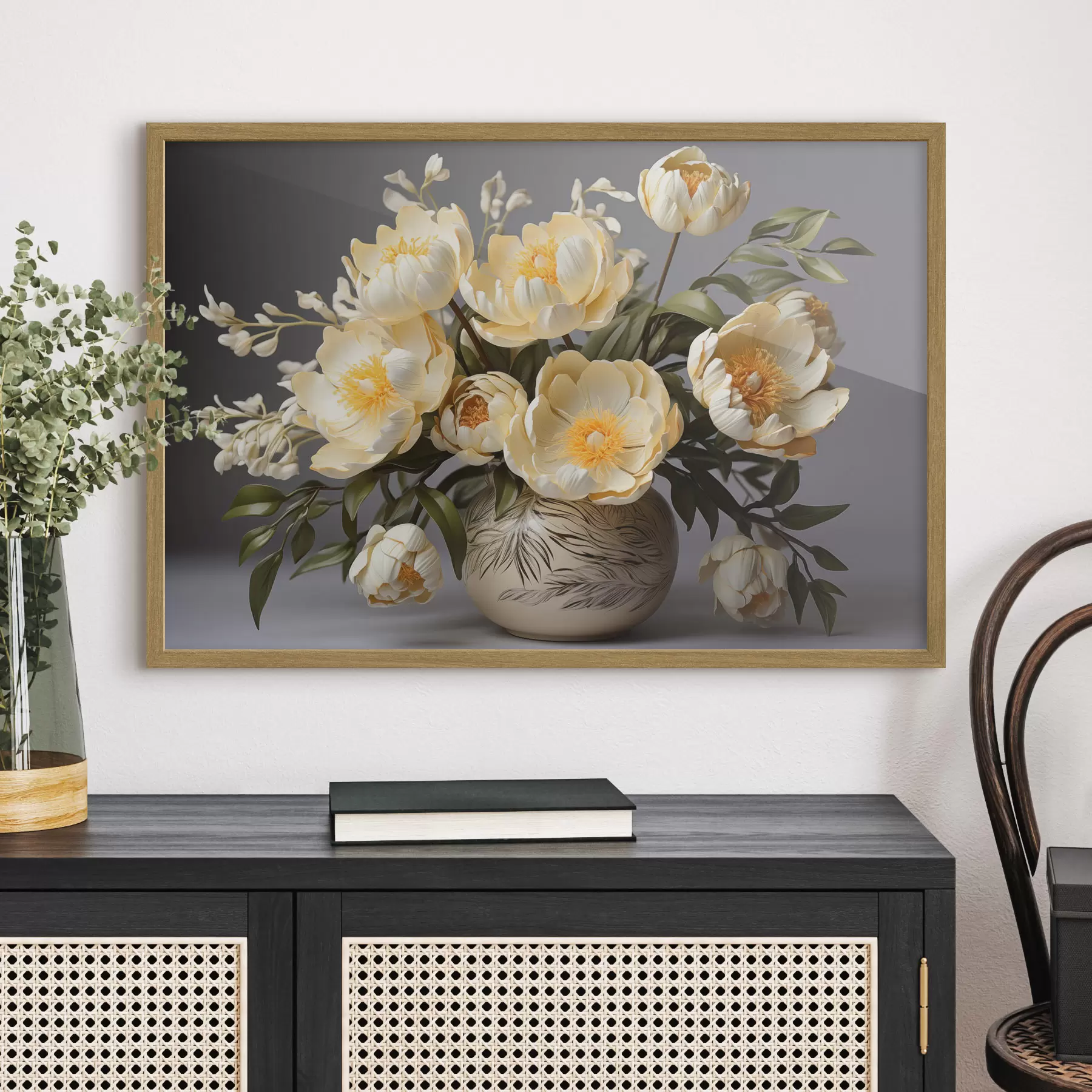 Fototapete Zarte Blumen mit gelben Zentren in einer gemusterten Vase f44847