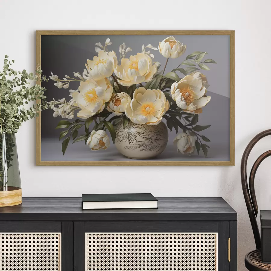 Fototapete Zarte Blumen mit gelben Zentren in einer gemusterten Vase f44847