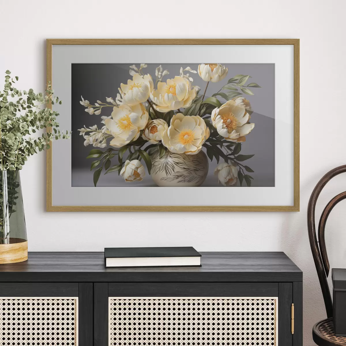 Poster Zarte Blumen mit gelben Zentren in einer gemusterten Vase f44847