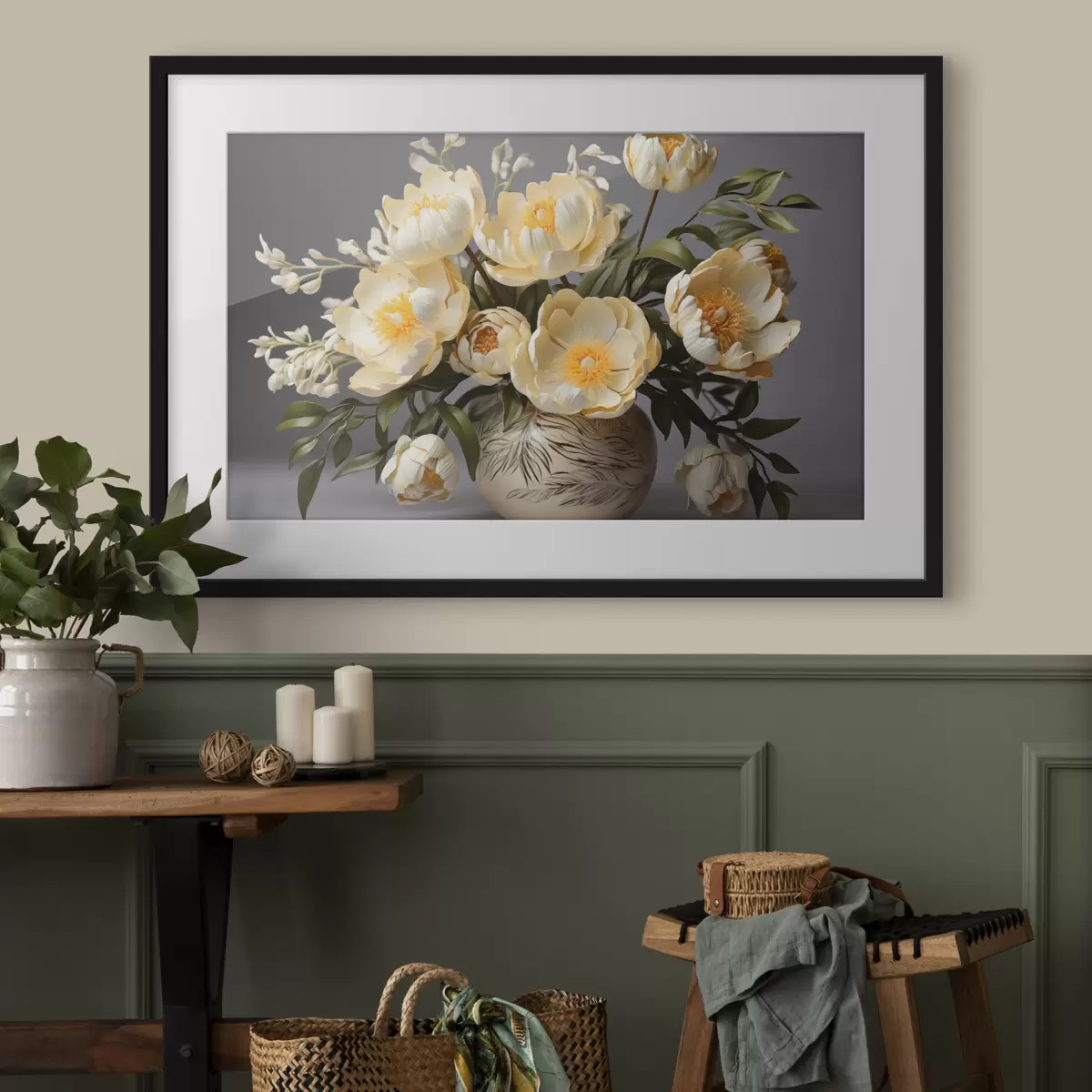 Poster Zarte Blumen mit gelben Zentren in einer gemusterten Vase f44847