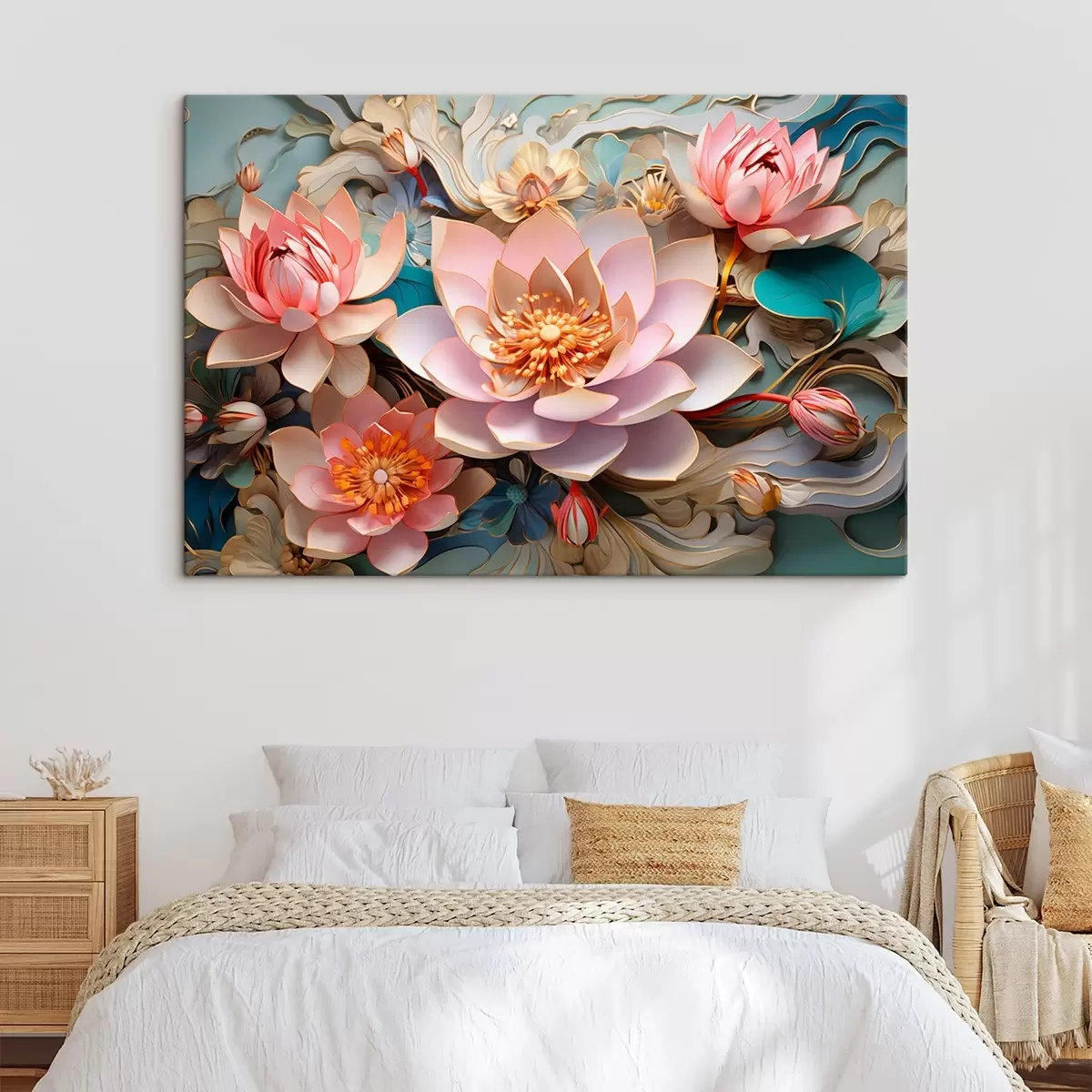 Fototapete Rosa-orangefarbene Lotosblumen im 3D-Zeichenstil s44934