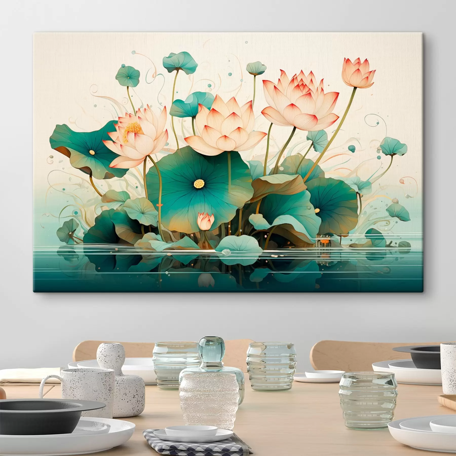 Fototapete Lotosblumen mit großen Blättern im Illustrationsstil s44939