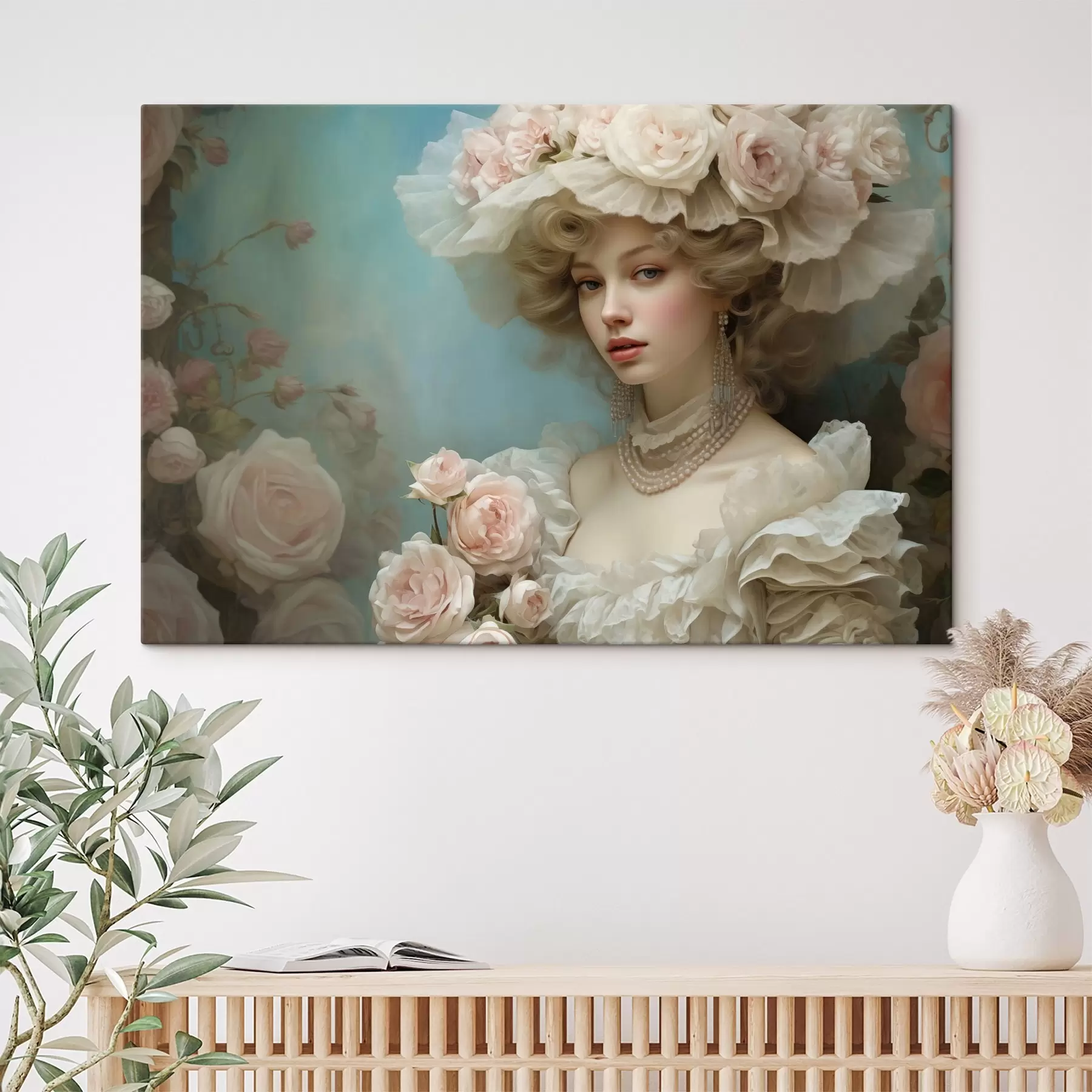 Fototapete Elegante Dame in einem Hut mit Blumen im künstlerischen Stil s44944