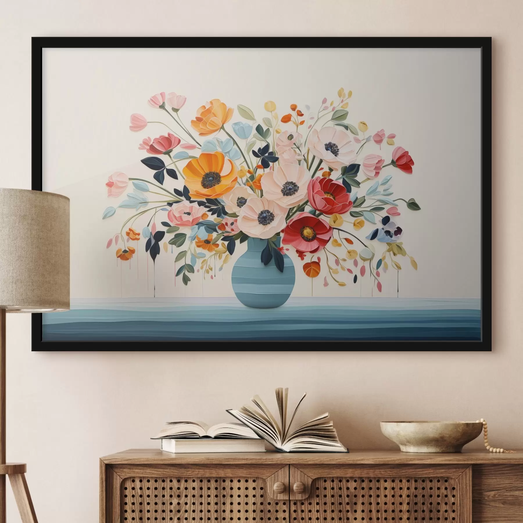 Fototapete Bunter Blumenstrauß in einer blauen Vase im dekorativen Stil f44937