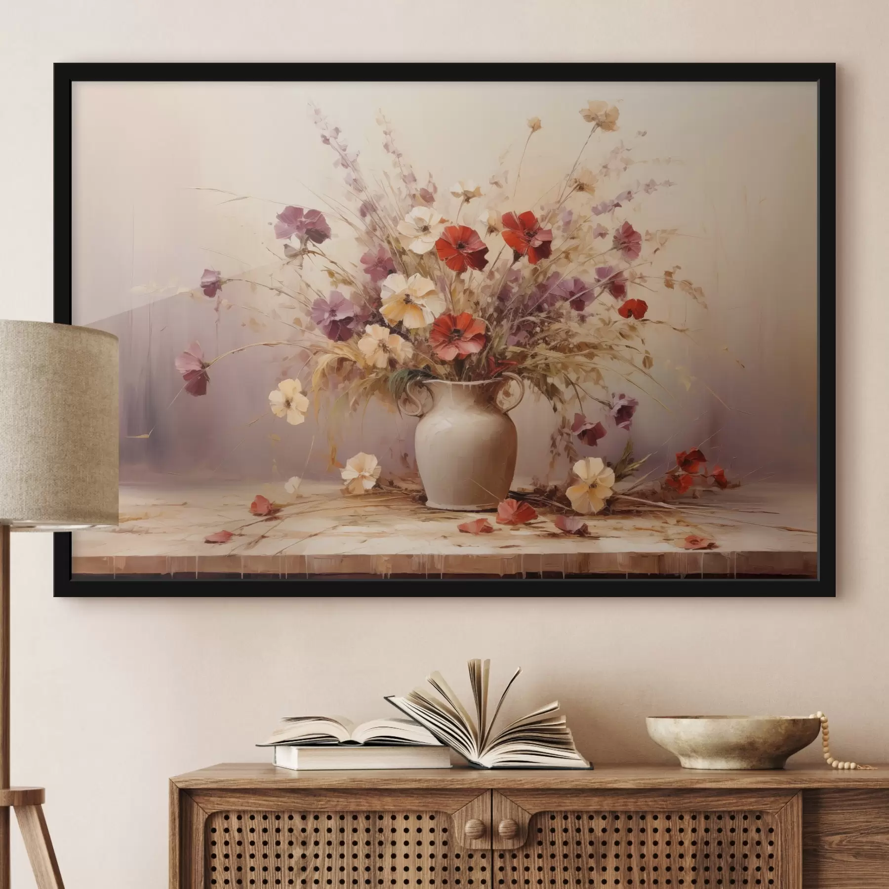 Fototapete Blumenstrauß aus Wildblumen in einer Vase im Stil der Ölmalerei f44947
