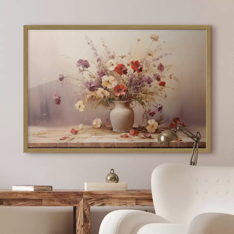 Fototapete Blumenstrauß aus Wildblumen in einer Vase im Stil der Ölmalerei f44947