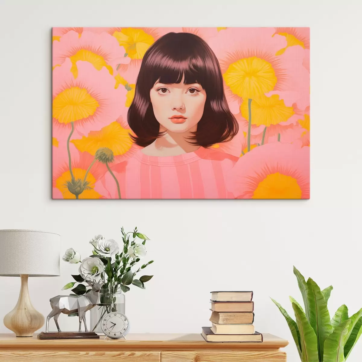 Fototapete Ein dekoratives minimalistisches Porträt von asiatischen Mädchen in einem Feld von gelben und rosa Blumen s44924