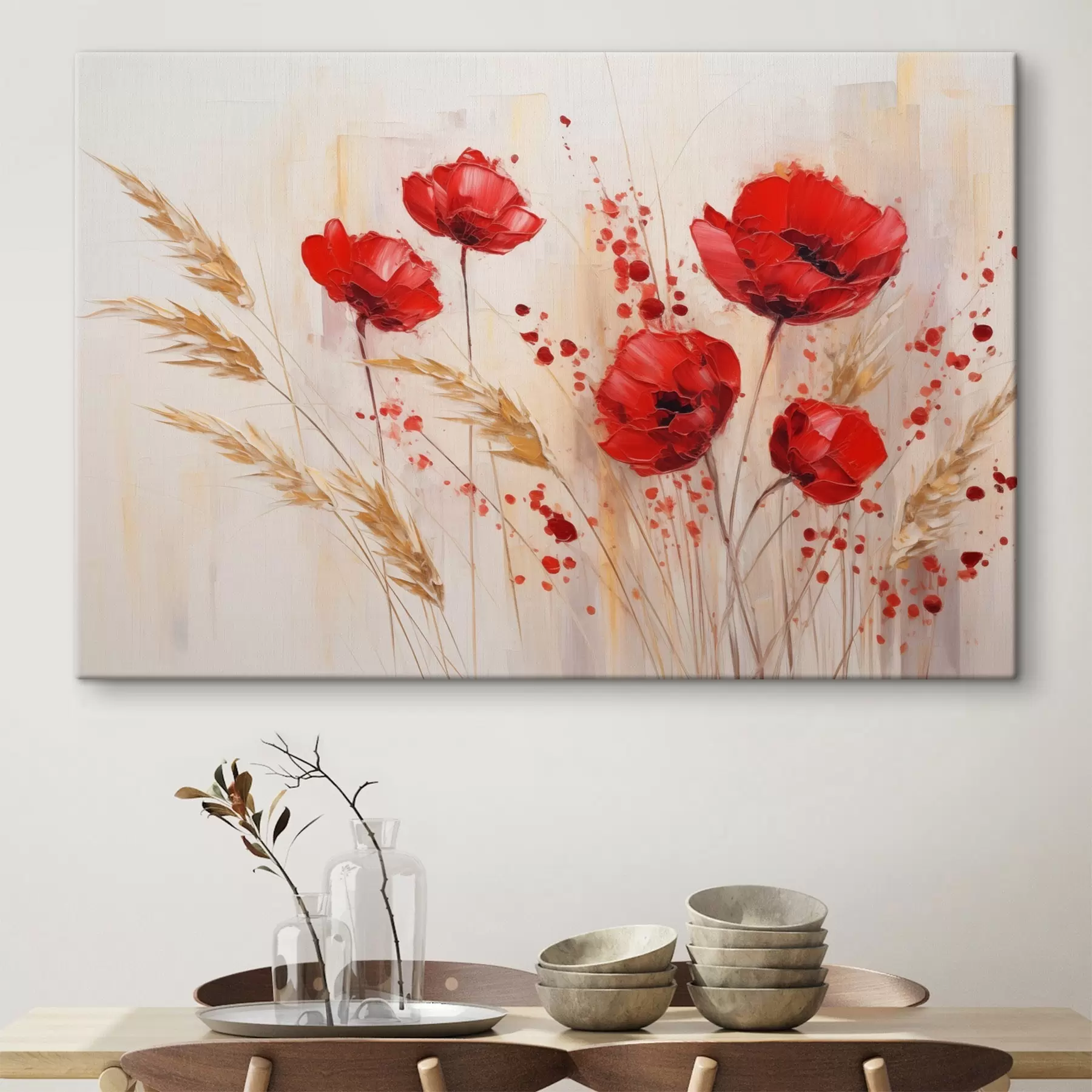Fototapete Rote Mohnblumen mit gelben Weizenhalmen, vor einem weichen, neutralen Hintergrund mit roten Farbspritzern s44926