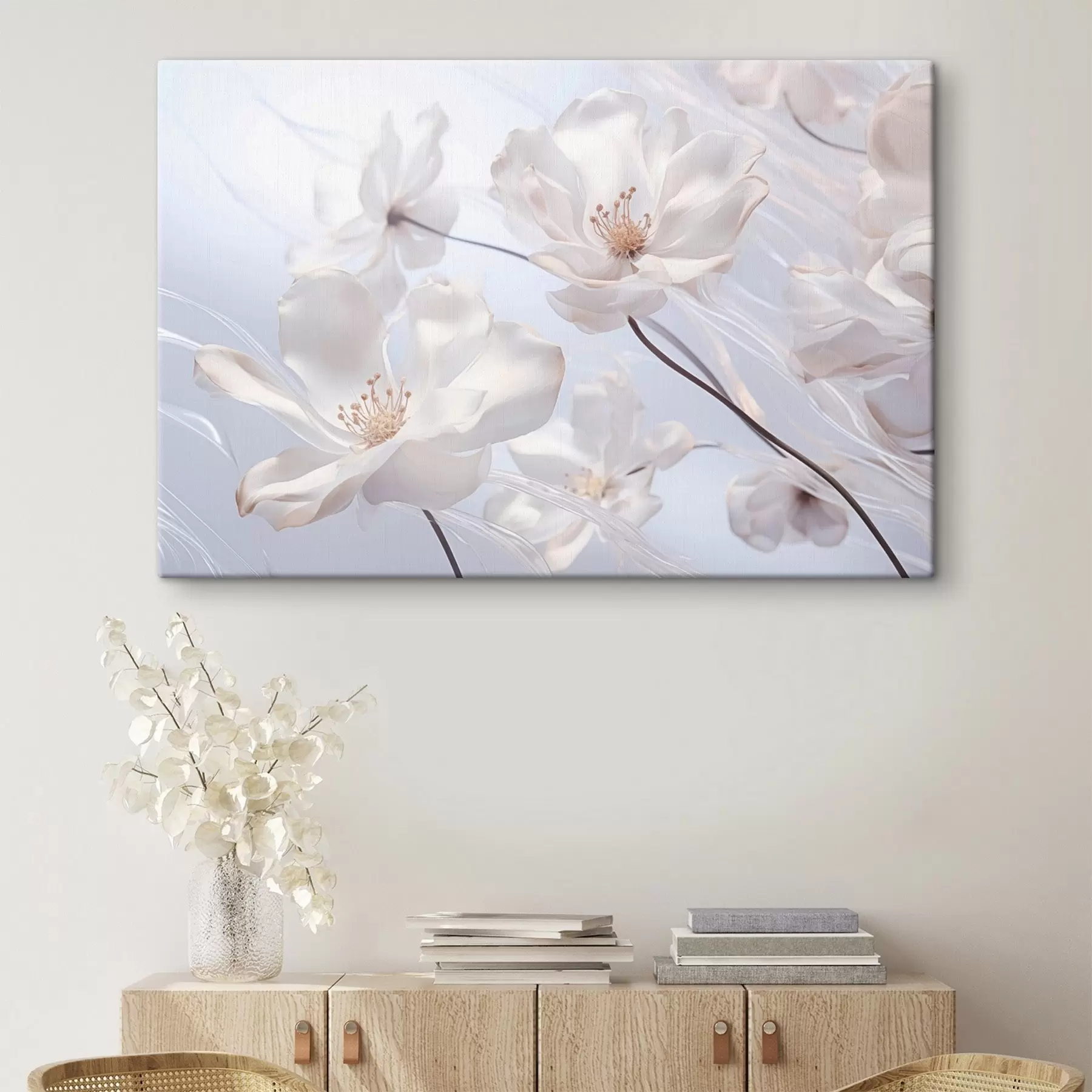 Fototapete Weiße Blumen mit durchscheinenden Blütenblättern, weicher hellblauer Hintergrund, elegant, romantisch, zart, verträumt  s44931
